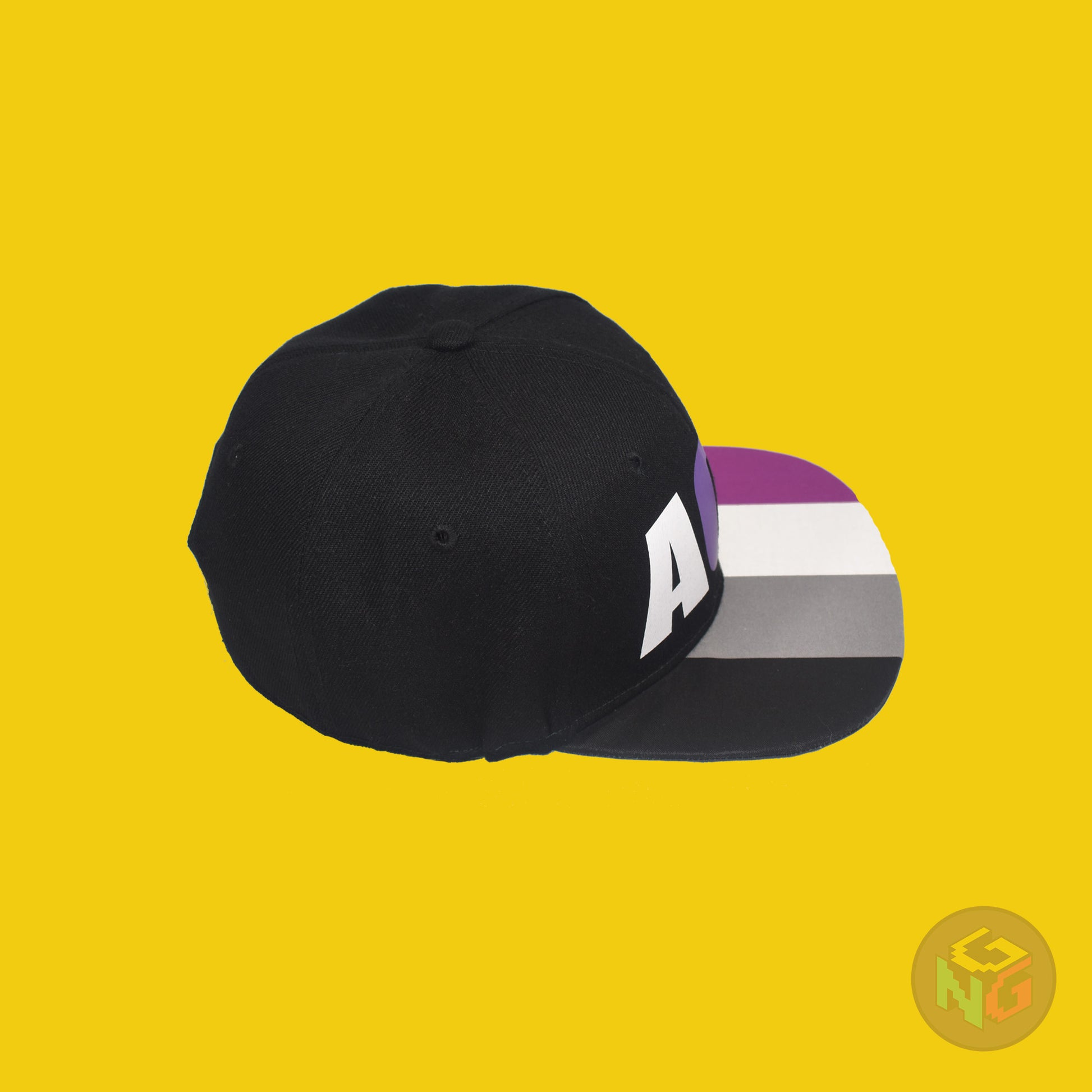 Black flat bill snapback hat. The brim has the asexual pride flag on both sides and the front of the hat has the word “ACE” in white, purple, and grey. Right view