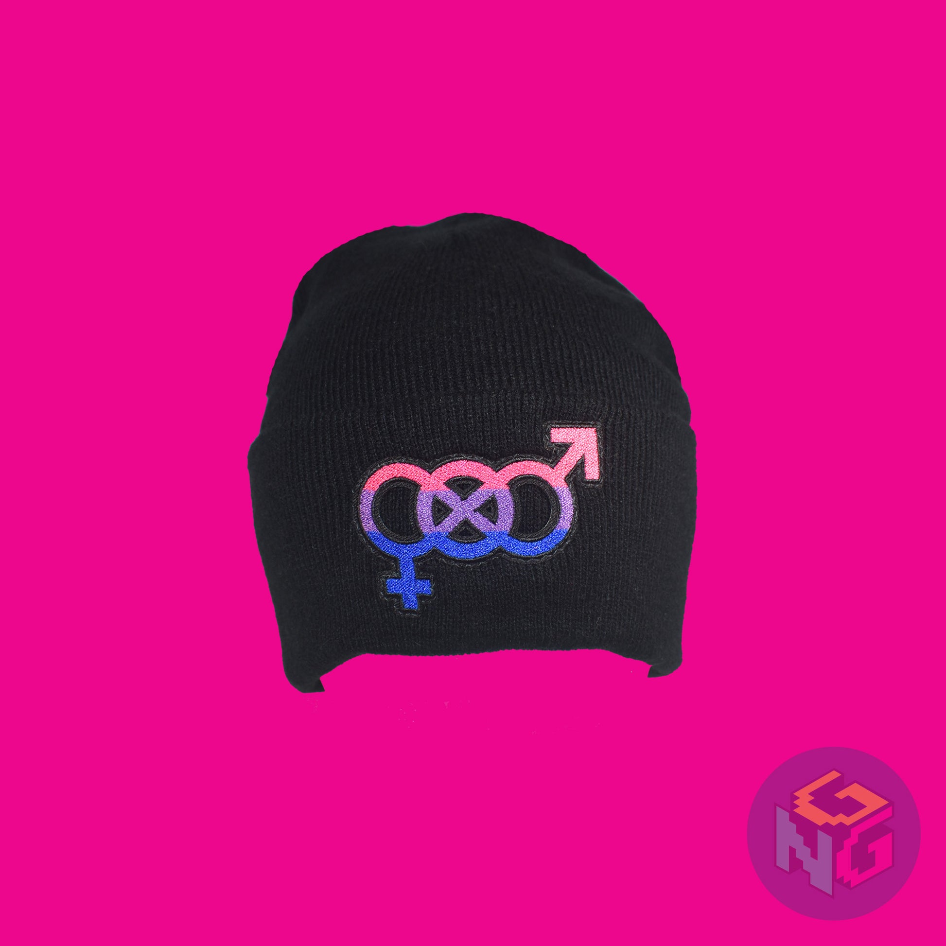 Black knit fabric beanie with the bisexual symbol in asexual pink, purple, and blue on the front. It is viewed from the front and stretched on pink background