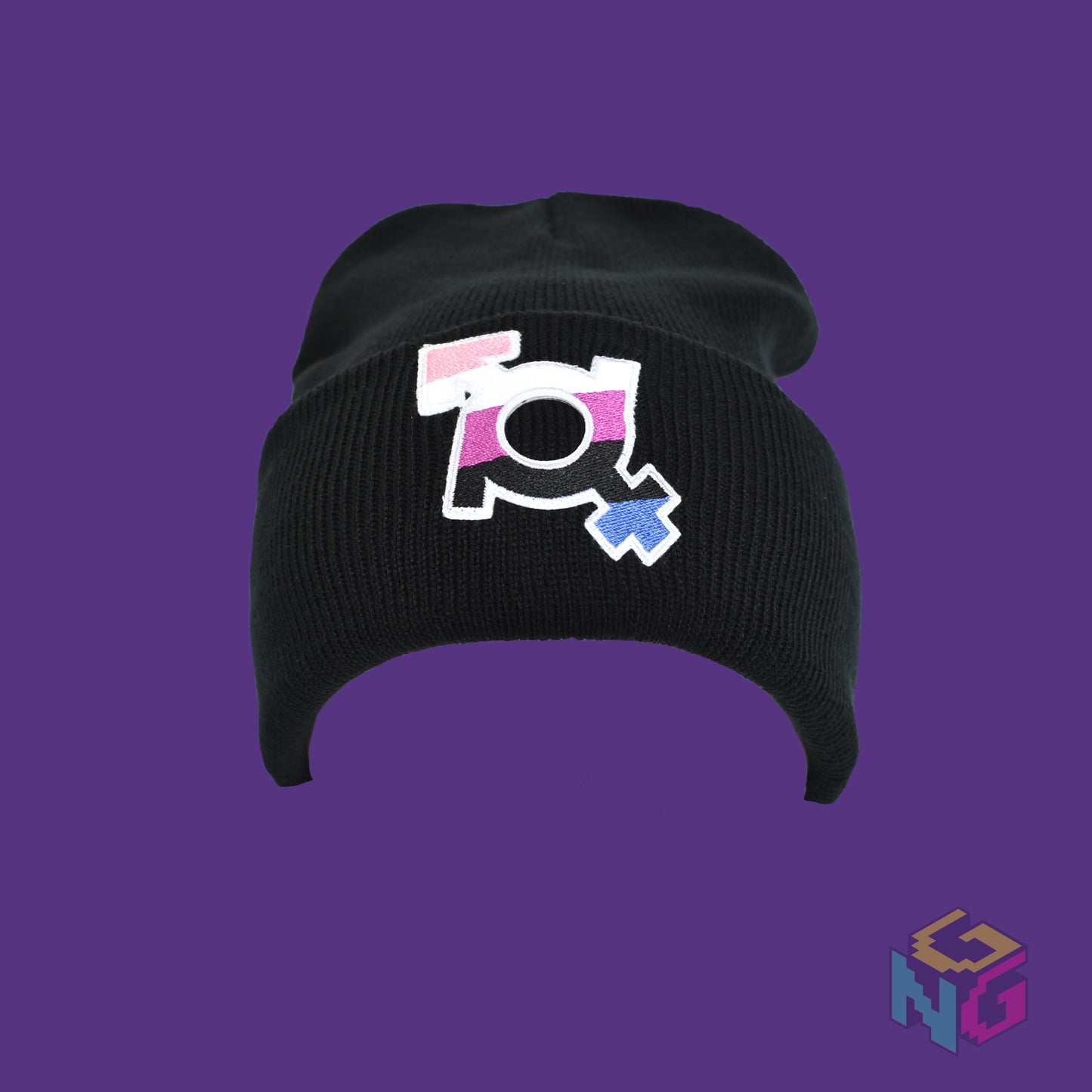 genderfluid beanie stretched facing front in front of a purple background