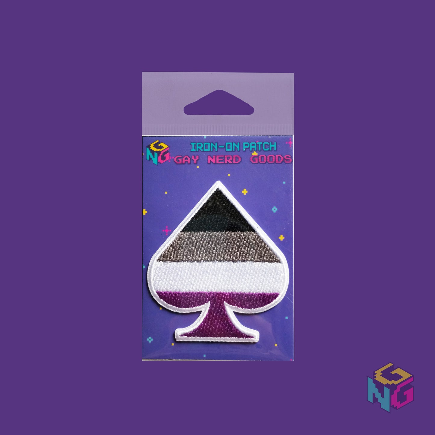 asexual iron on patch in its packaging against purple background