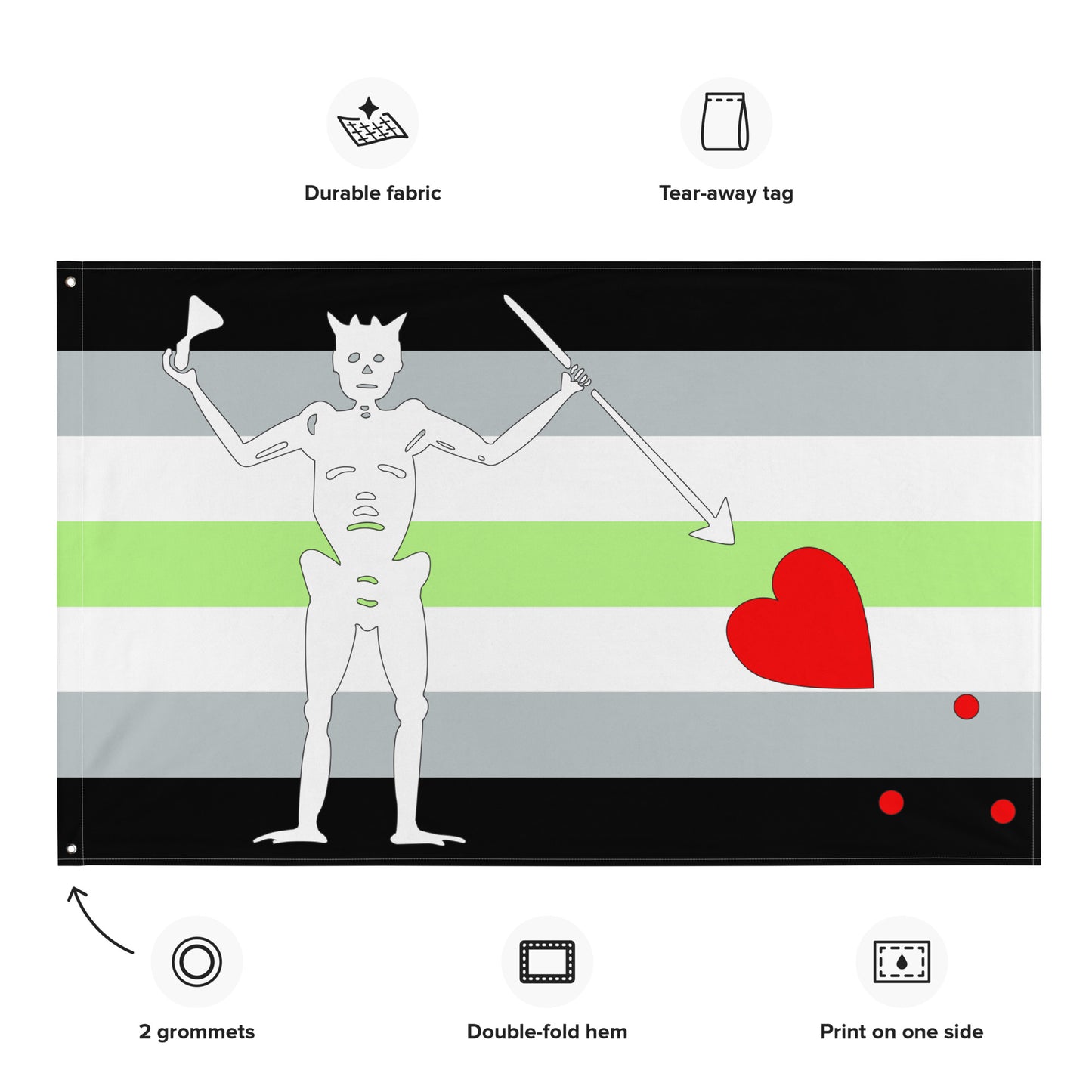 the agender flag with blackbeard's symbol surrounded by the specifications of "durable fabric, tear-away tag, 2 grommets, double-fold hem, print on one side"