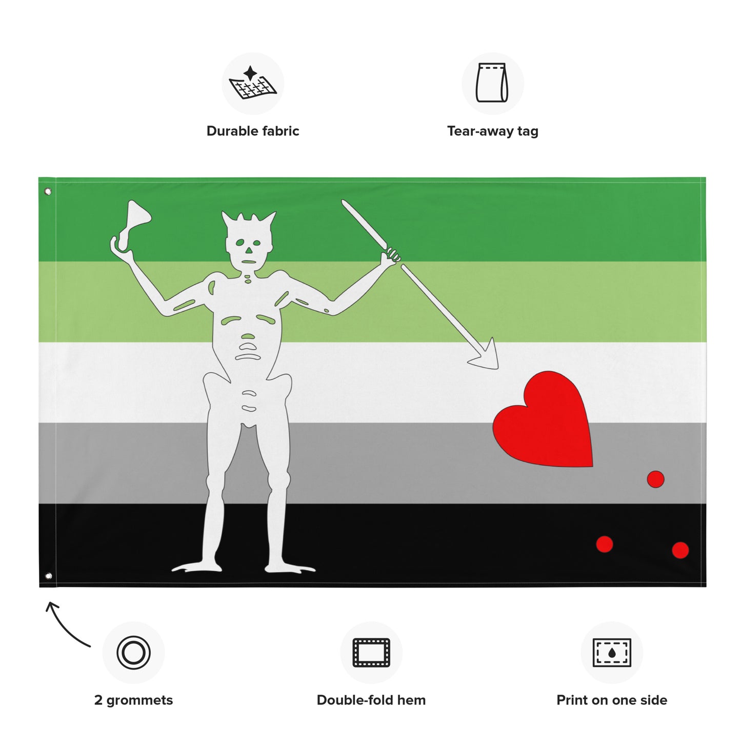 the aromantic flag with blackbeard's symbol surrounded by the specifications of "durable fabric, tear-away tag, 2 grommets, double-fold hem, print on one side"