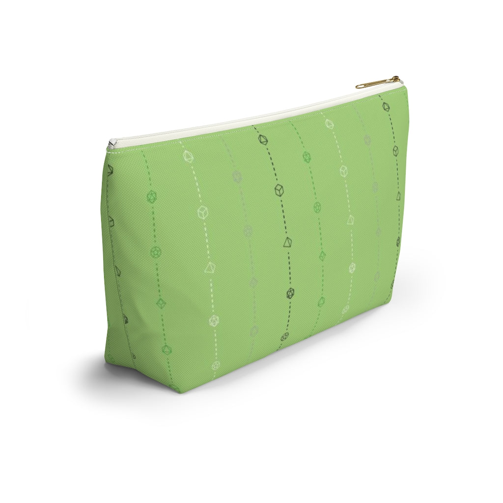 the large aromantic dice t-bottom pouch in side view on a white background. it's green with black, grey, white, and green stripes of dashed lines and polyhedral dice and a gold zipper pull