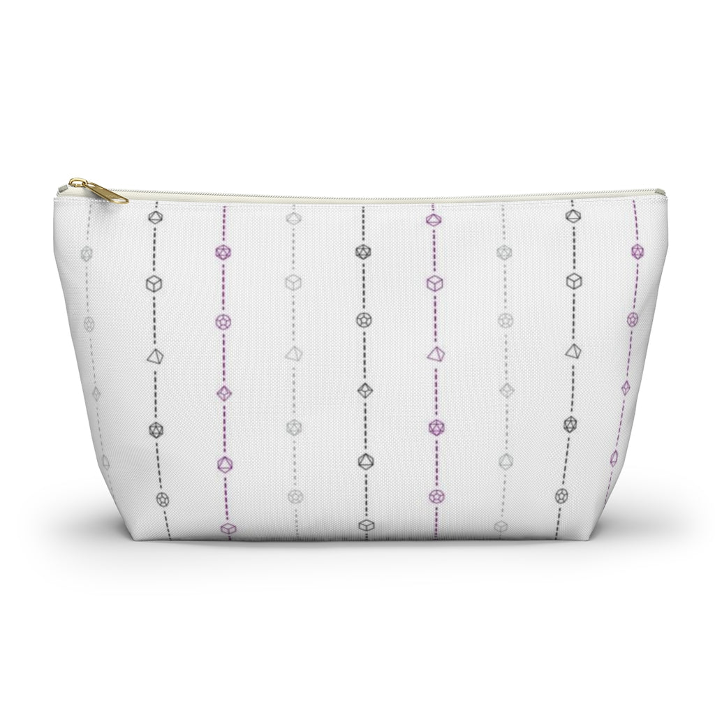 the large asexual dice t-bottom pouch in front view on a white background. it's white with black, grey, and purple stripes of dashed lines and polyhedral dice and a gold zipper pull