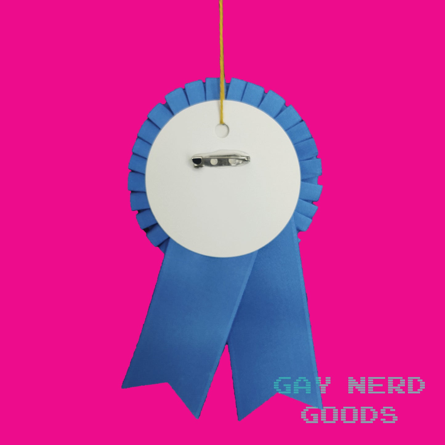 back of the cutest catboy award ribbon showing the thread loop and pinback against a pink background