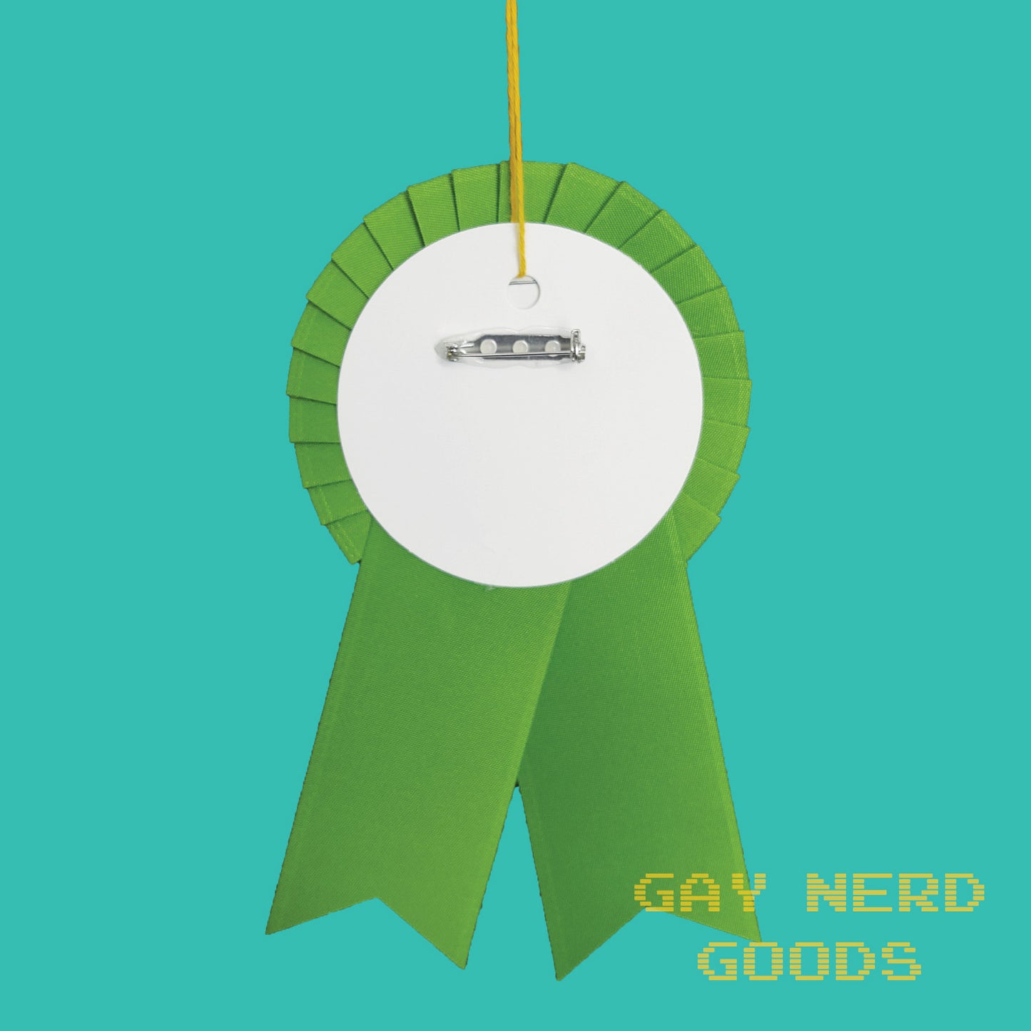 back view of the congrats it's a human rosette ribbon showing the thread loop and pinback