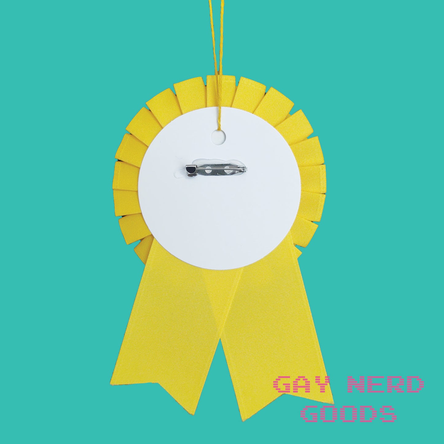 back side view of the #1 tumblr sexyman ribbon showing the thread loop and pinback