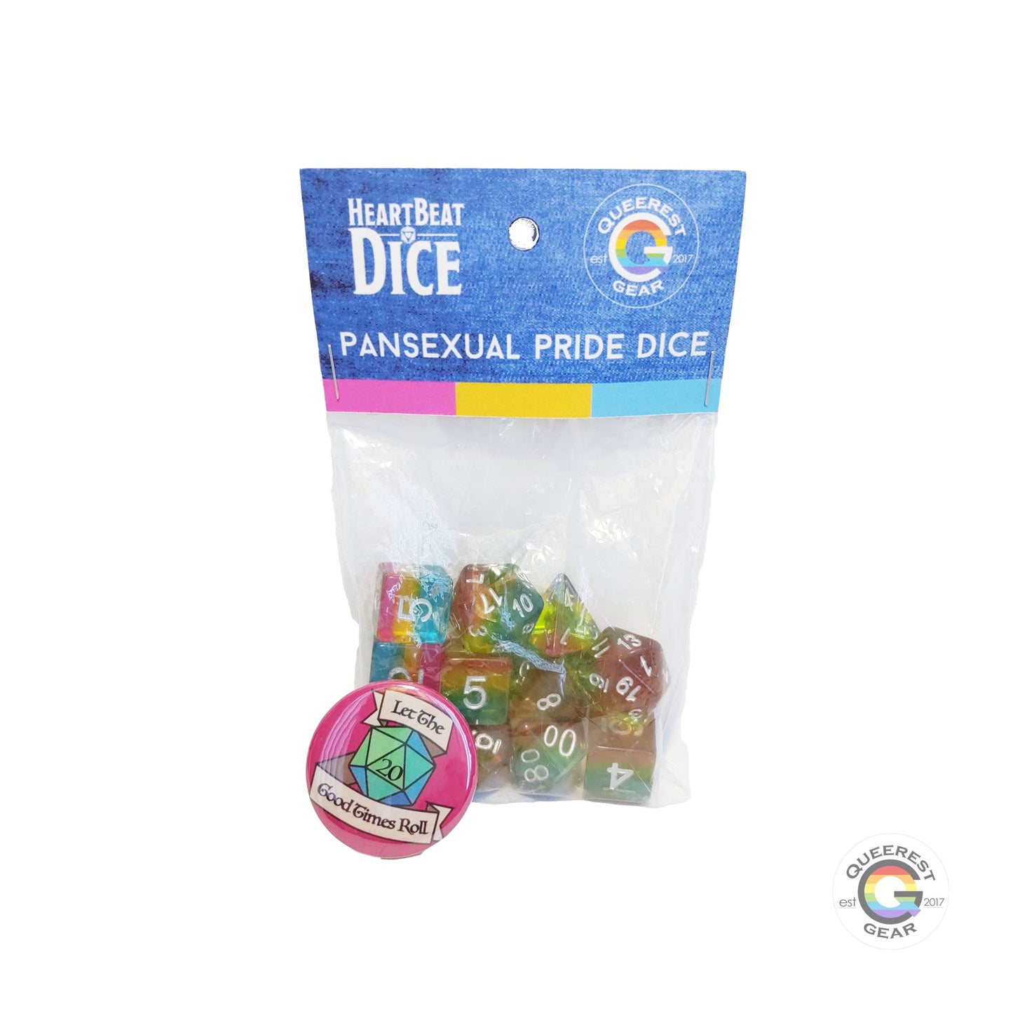 Pansexual pride dice in their packaging with a free “let the good times roll” button