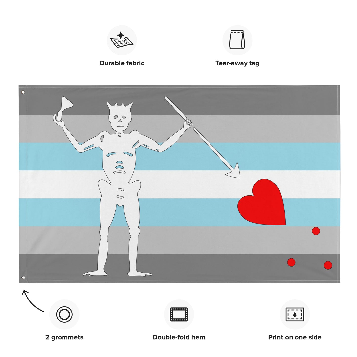 the demiboy flag with blackbeard's symbol surrounded by the specifications of "durable fabric, tear-away tag, 2 grommets, double-fold hem, print on one side"