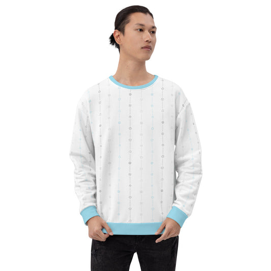 light-skinned dark haired model on a white background facing forward wearing the demiboy pride dice sweater