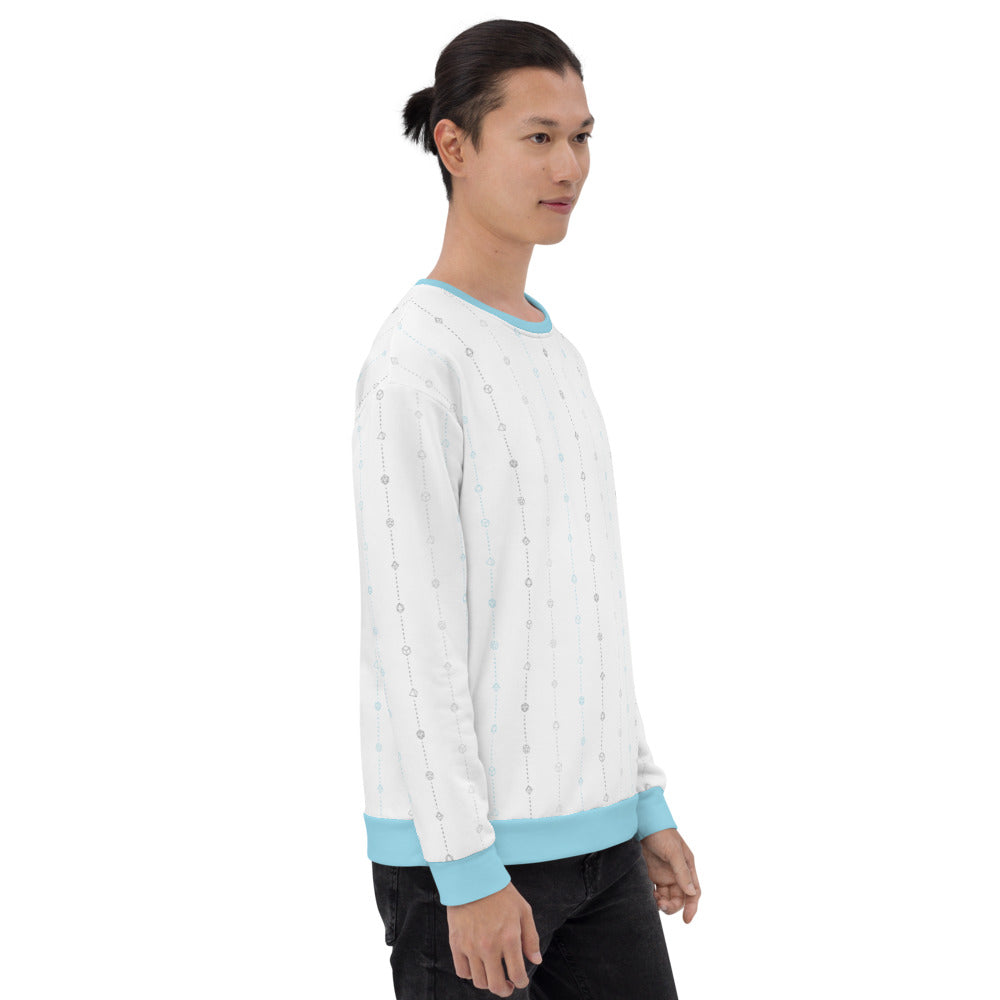 light-skinned dark haired model on a white background facing right wearing the demiboy pride dice sweater