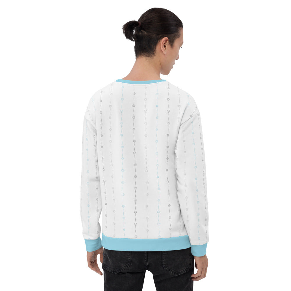 light-skinned dark haired model on a white background facing backwards wearing the demiboy pride dice sweater