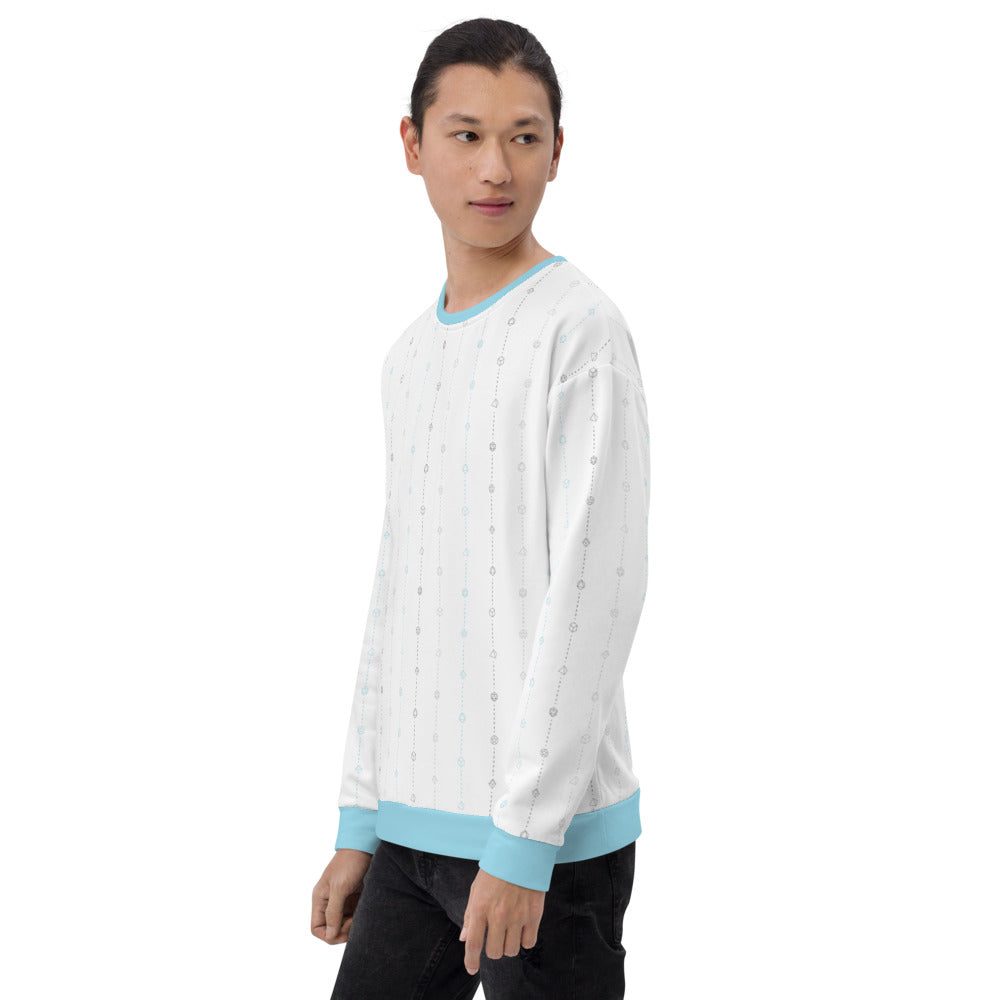 light-skinned dark haired model on a white background facing left wearing the demiboy pride dice sweater
