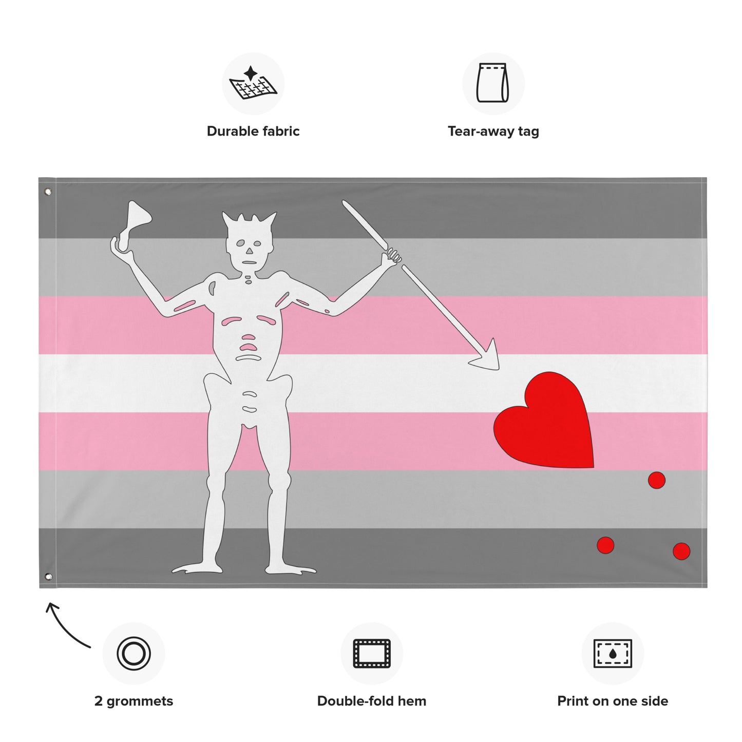 the demigirl flag with blackbeard's symbol surrounded by the specifications of "durable fabric, tear-away tag, 2 grommets, double-fold hem, print on one side"