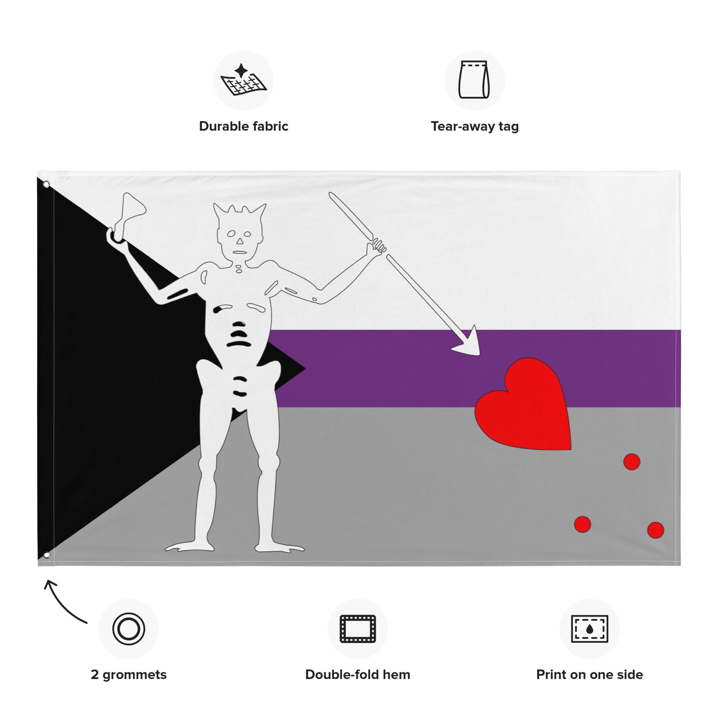 the demisexual flag with blackbeard's symbol surrounded by the specifications of "durable fabric, tear-away tag, 2 grommets, double-fold hem, print on one side"
