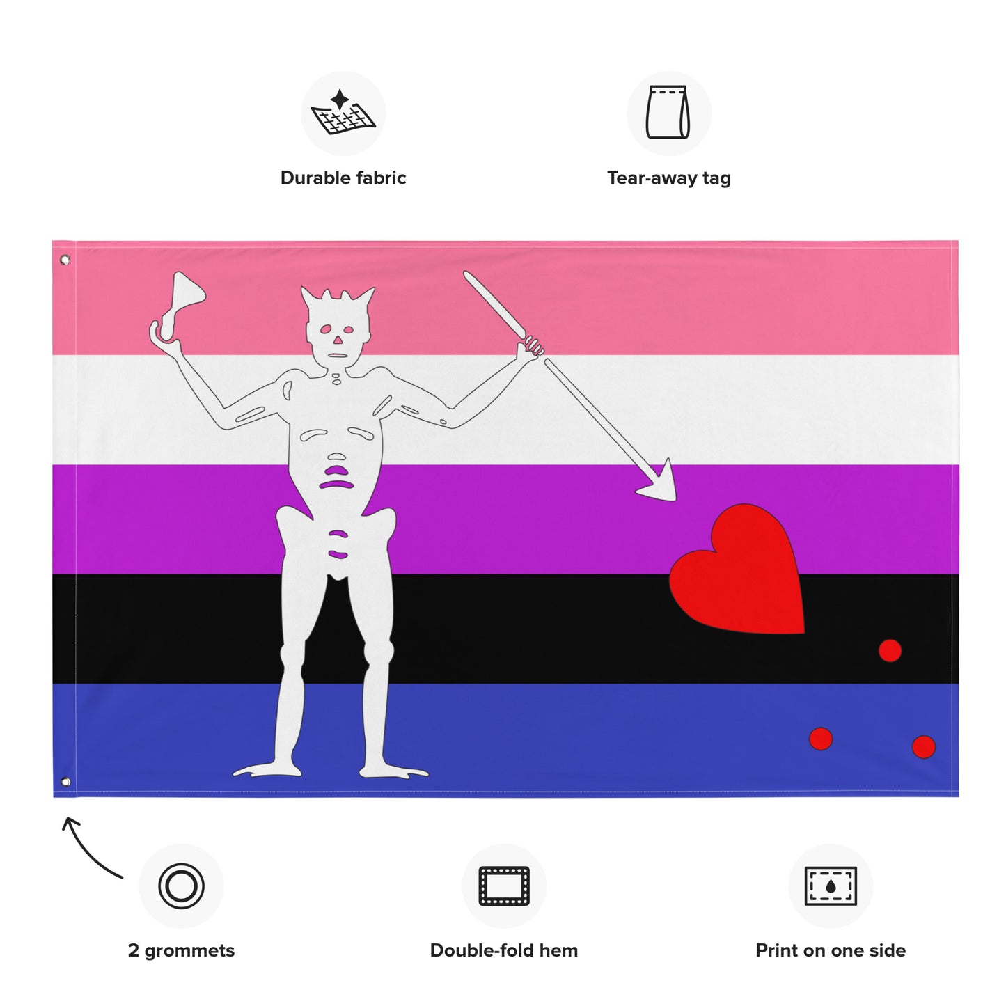 the genderfluid flag with blackbeard's symbol surrounded by the specifications of "durable fabric, tear-away tag, 2 grommets, double-fold hem, print on one side"