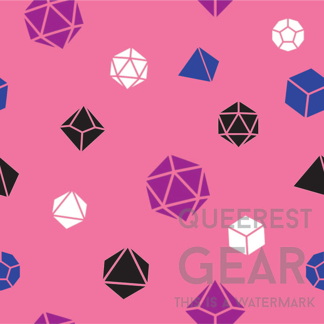 close up of the genderfluid dice pattern. There's a peach background with pattern of black, blue, magenta, and white polyhedral dnd dice