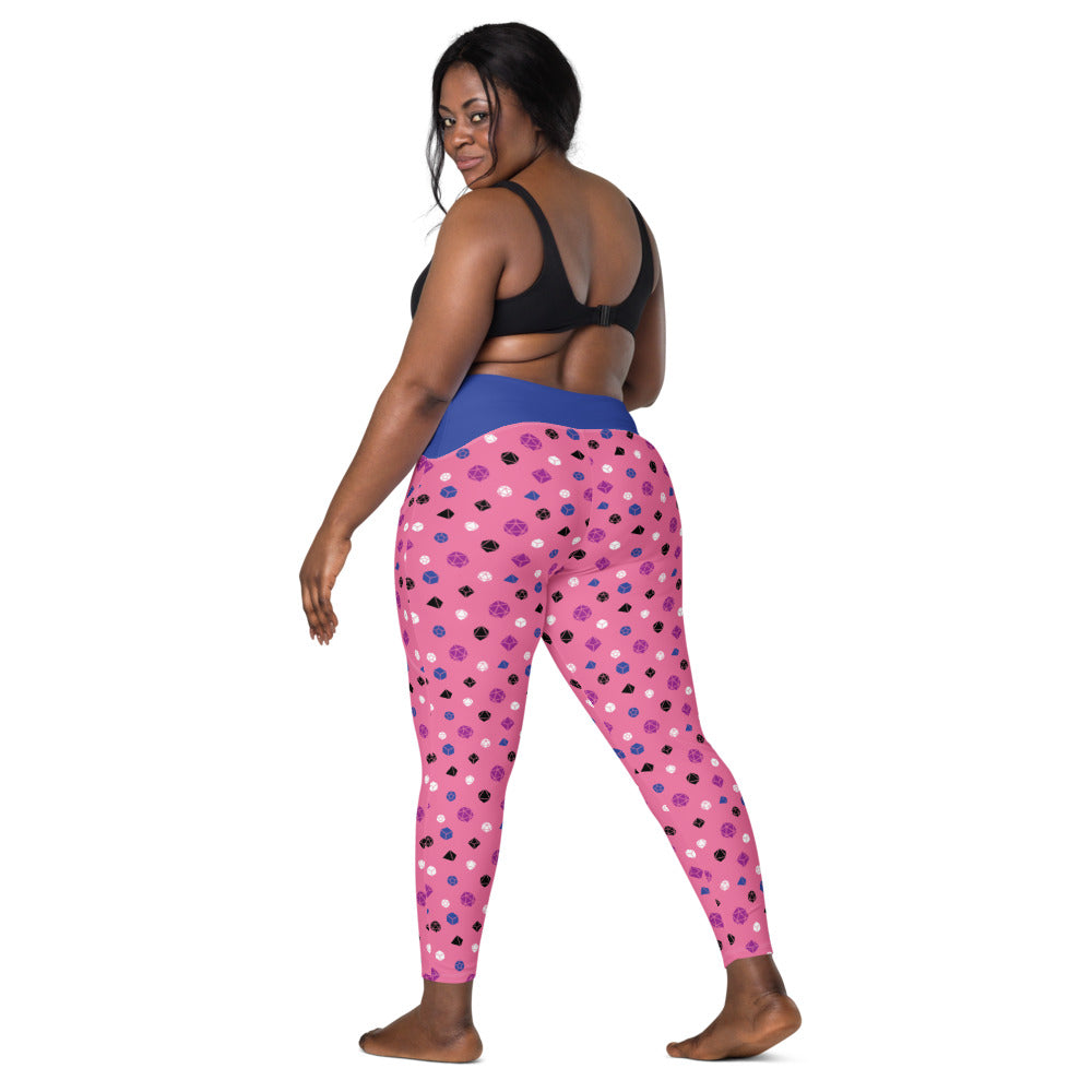 back view of dark-skinned female-presenting plus size model looking over her shoulder. She is wearing the genderfluid dice leggings and a black sports bra