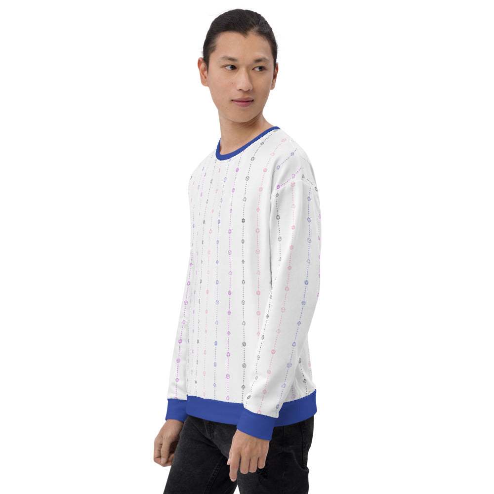 light-skinned dark haired model on a white background facing left wearing the genderfluid pride dice sweater