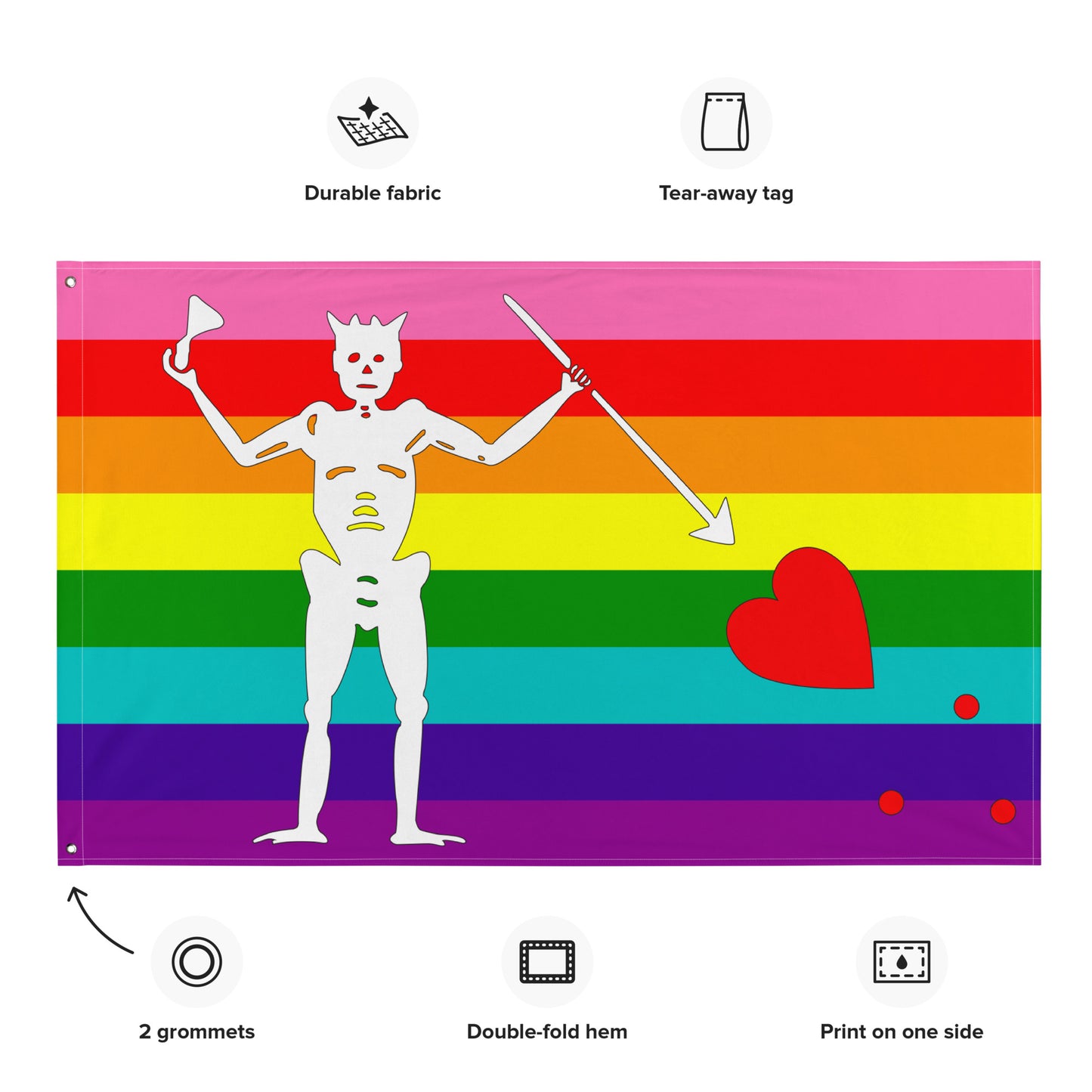 the gilbert baker flag with blackbeard's symbol surrounded by the specifications of "durable fabric, tear-away tag, 2 grommets, double-fold hem, print on one side"