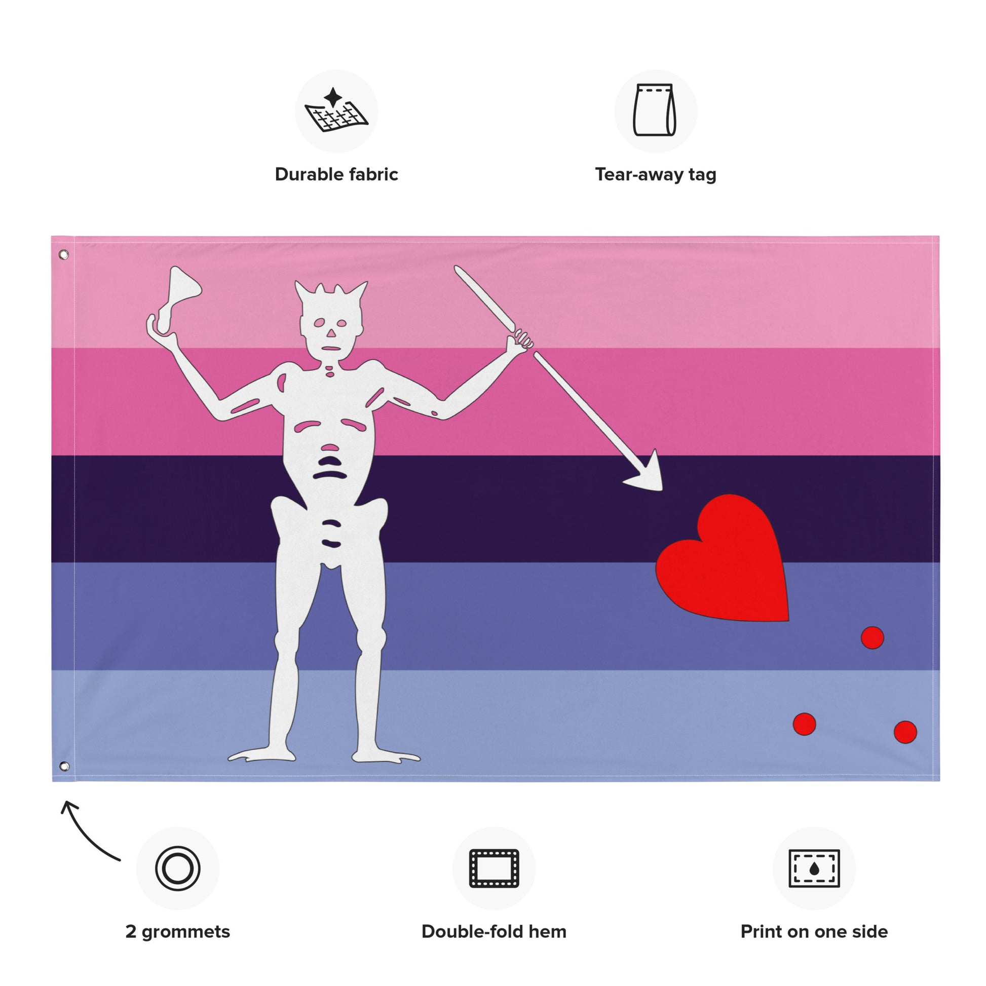 the omnisexual flag with blackbeard's symbol surrounded by the specifications of "durable fabric, tear-away tag, 2 grommets, double-fold hem, print on one side"
