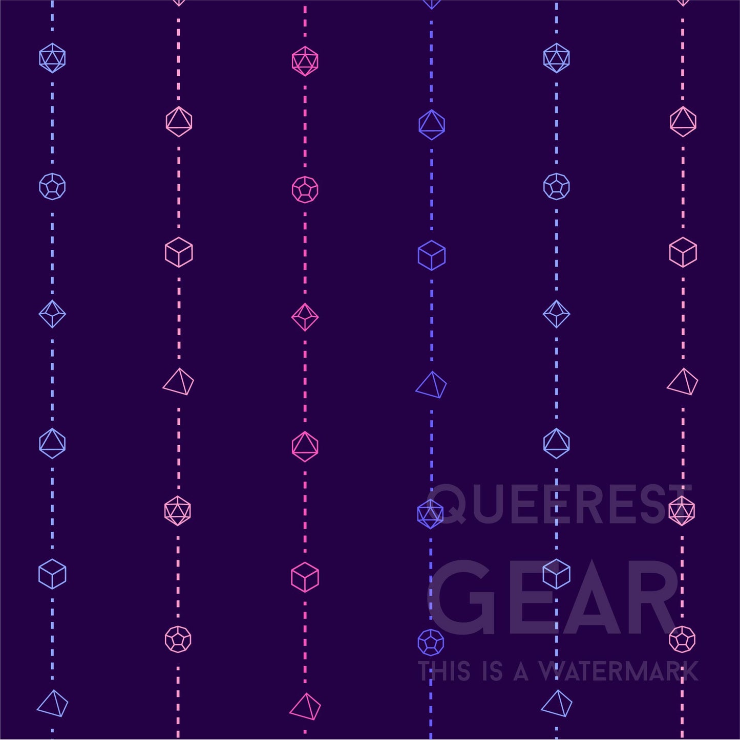 close-up of the omnisexual pride dice pattern. the background is dark purple and has stripes of dashed lines and polyhedral dnd dice in blues and pinks