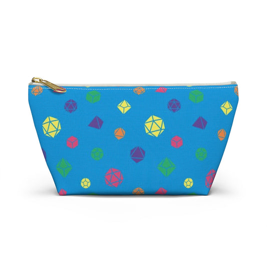 the small rainbow dice t-bottom pouch in front view on a white background. it's blue with pink, orange, yellow, green, and purple polyhedral dice and a gold zipper pull