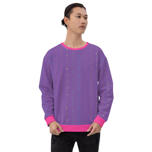 light-skinned dark haired model on a white background facing right wearing the rainbow pride dice sweater