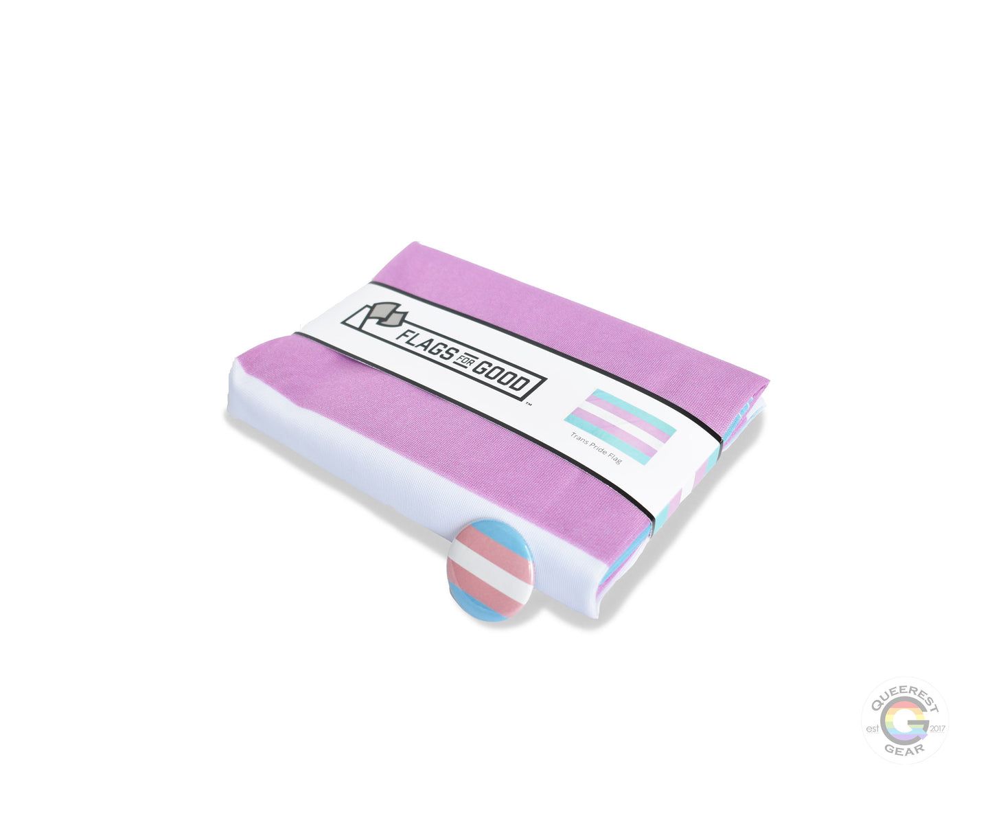  The transgender pride flag folded in its packaging with the matching free transgender flag button