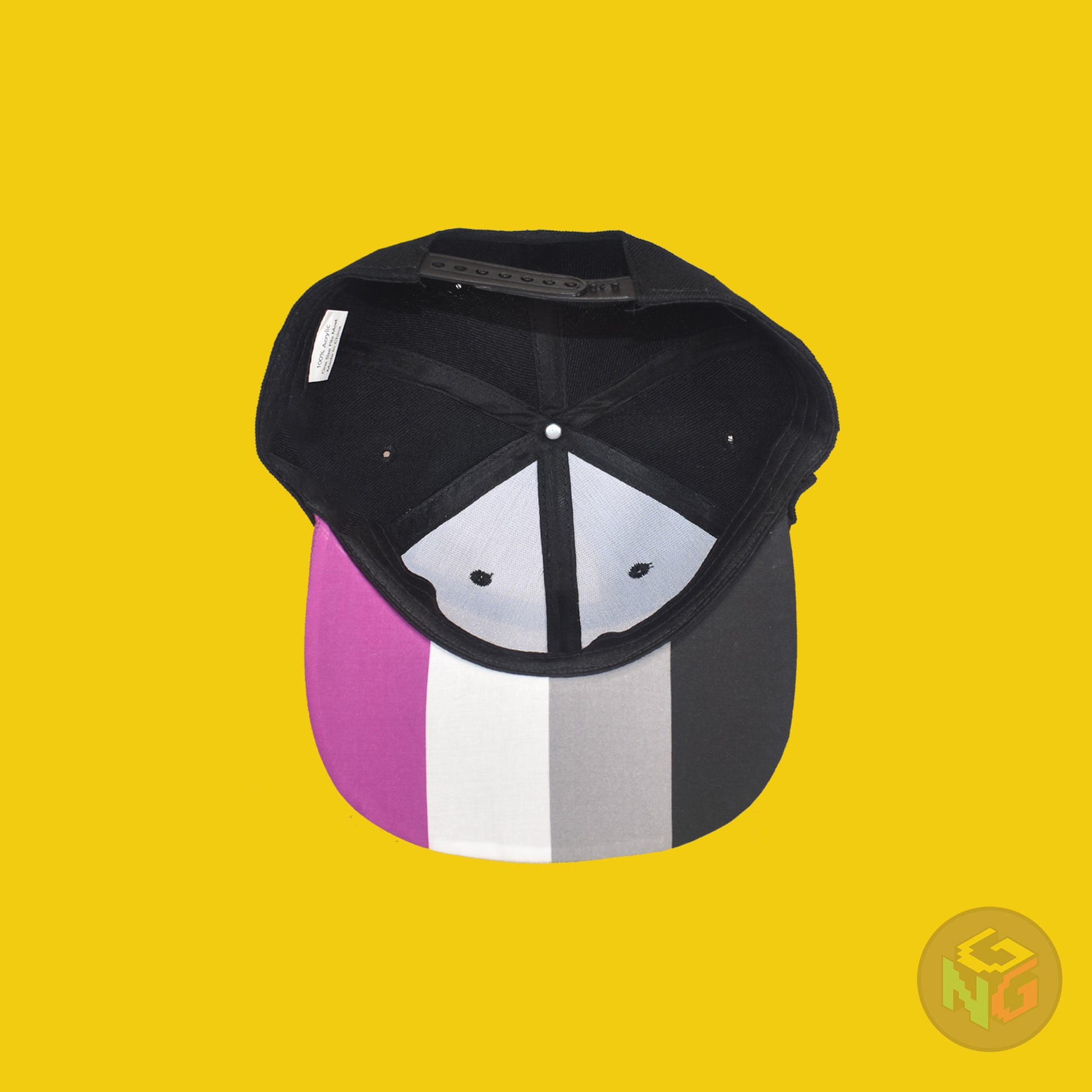 Black flat bill snapback hat. The brim has the asexual pride flag on both sides and the front of the hat has the word “ACE” in white, purple, and grey. Underside view