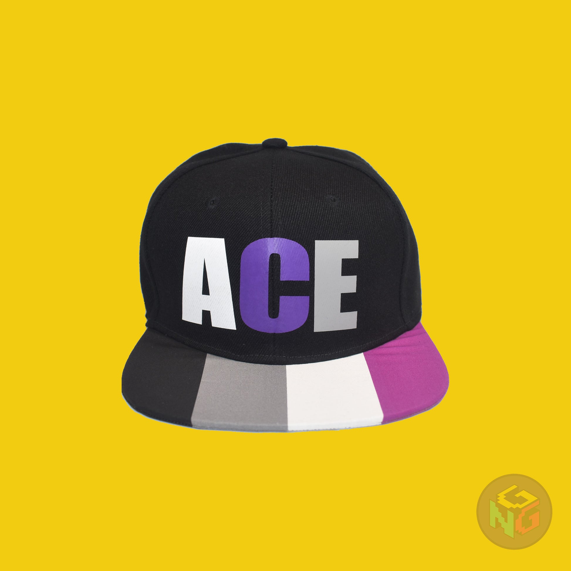 Black flat bill snapback hat. The brim has the asexual pride flag on both sides and the front of the hat has the word “ACE” in white, purple, and grey. Front view