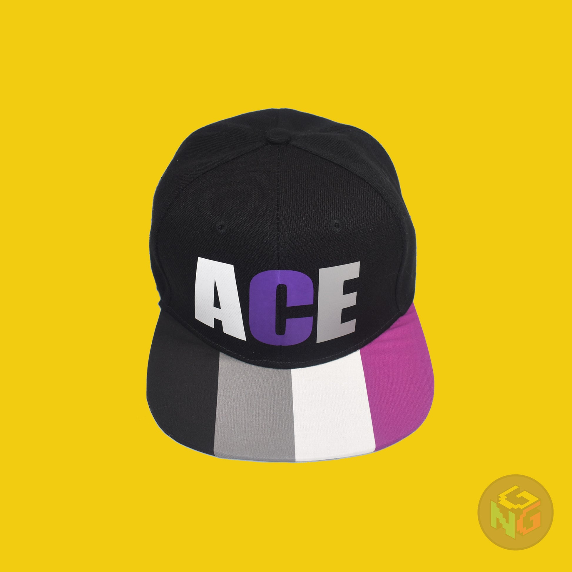 Black flat bill snapback hat. The brim has the asexual pride flag on both sides and the front of the hat has the word “ACE” in white, purple, and grey. Front top view