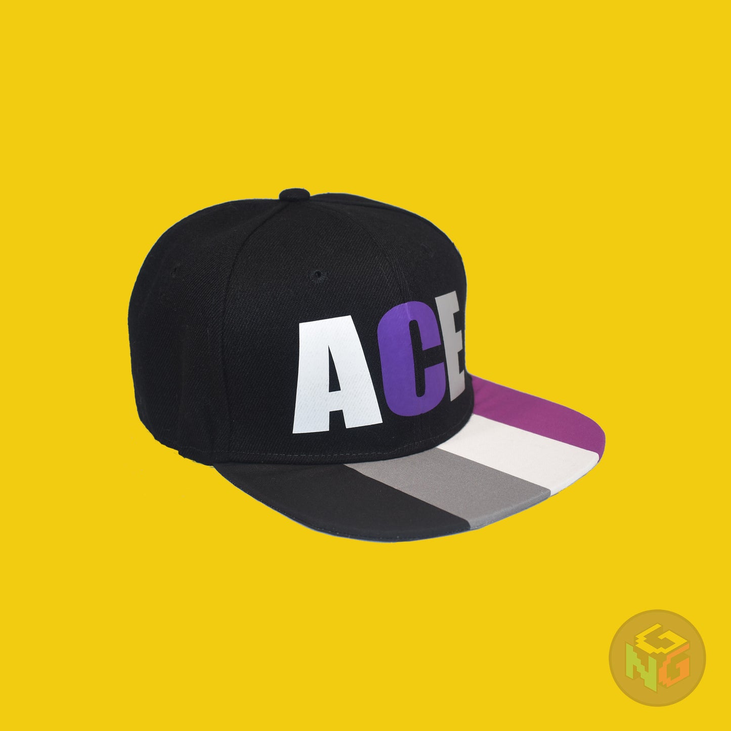 Black flat bill snapback hat. The brim has the asexual pride flag on both sides and the front of the hat has the word “ACE” in white, purple, and grey. Front right view