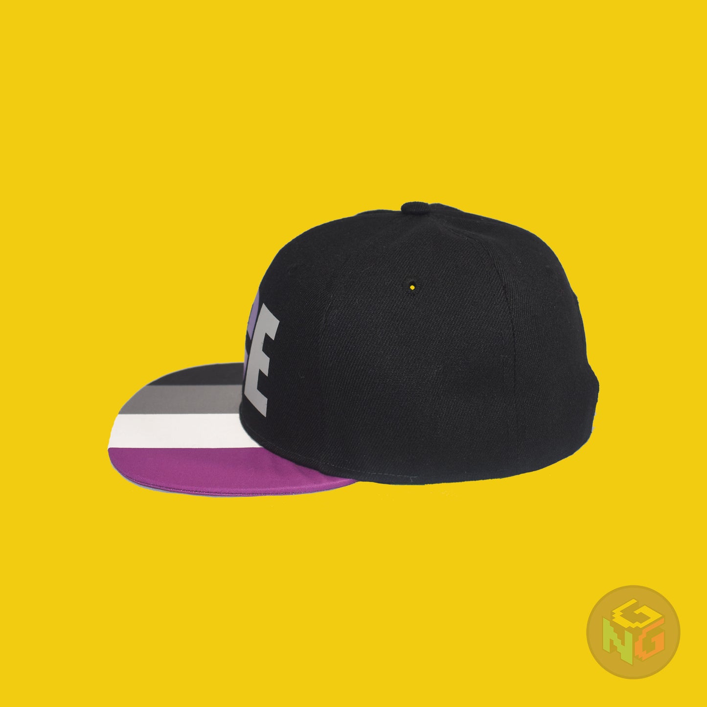 Black flat bill snapback hat. The brim has the asexual pride flag on both sides and the front of the hat has the word “ACE” in white, purple, and grey. Left view