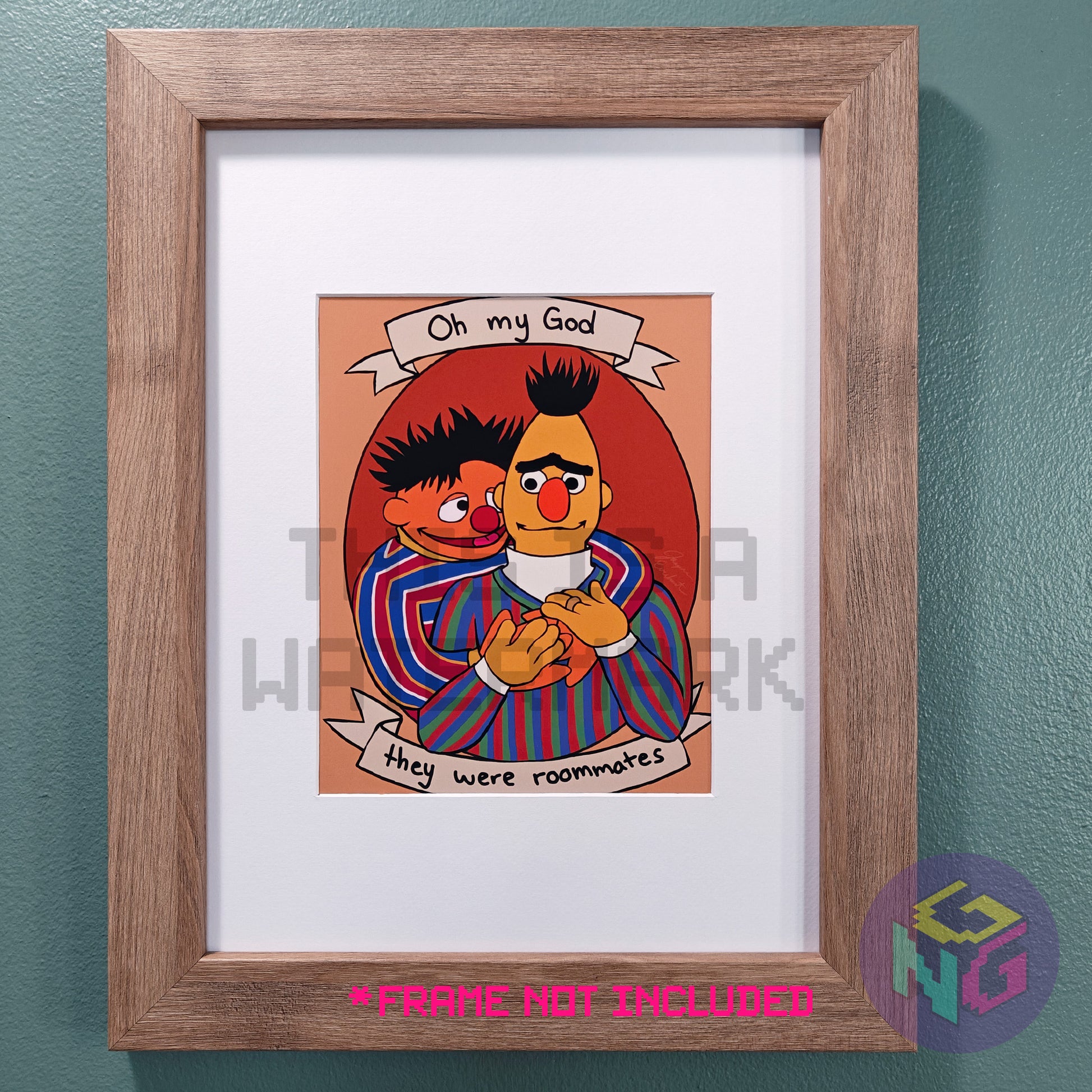 print of bert and ernie puppets hugging with caption oh my god they were roommates in a frame