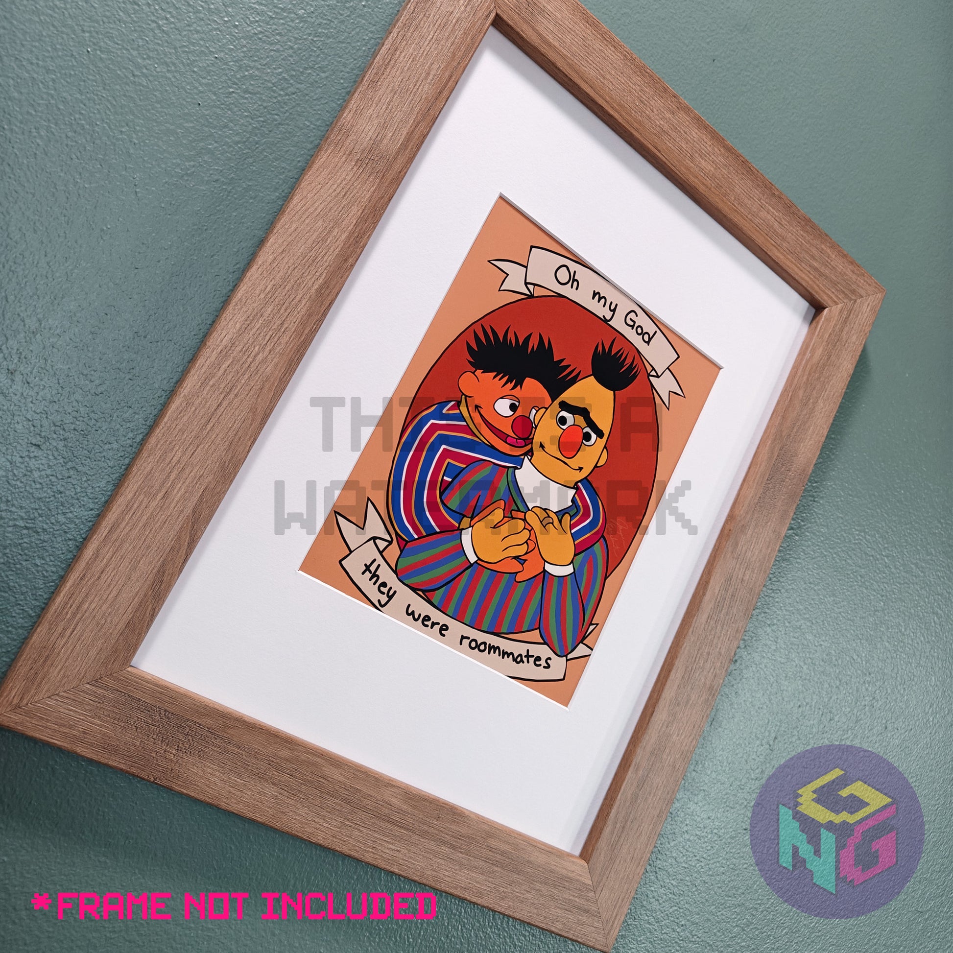 print of bert and ernie puppets hugging with caption oh my god they were roommates in a frame