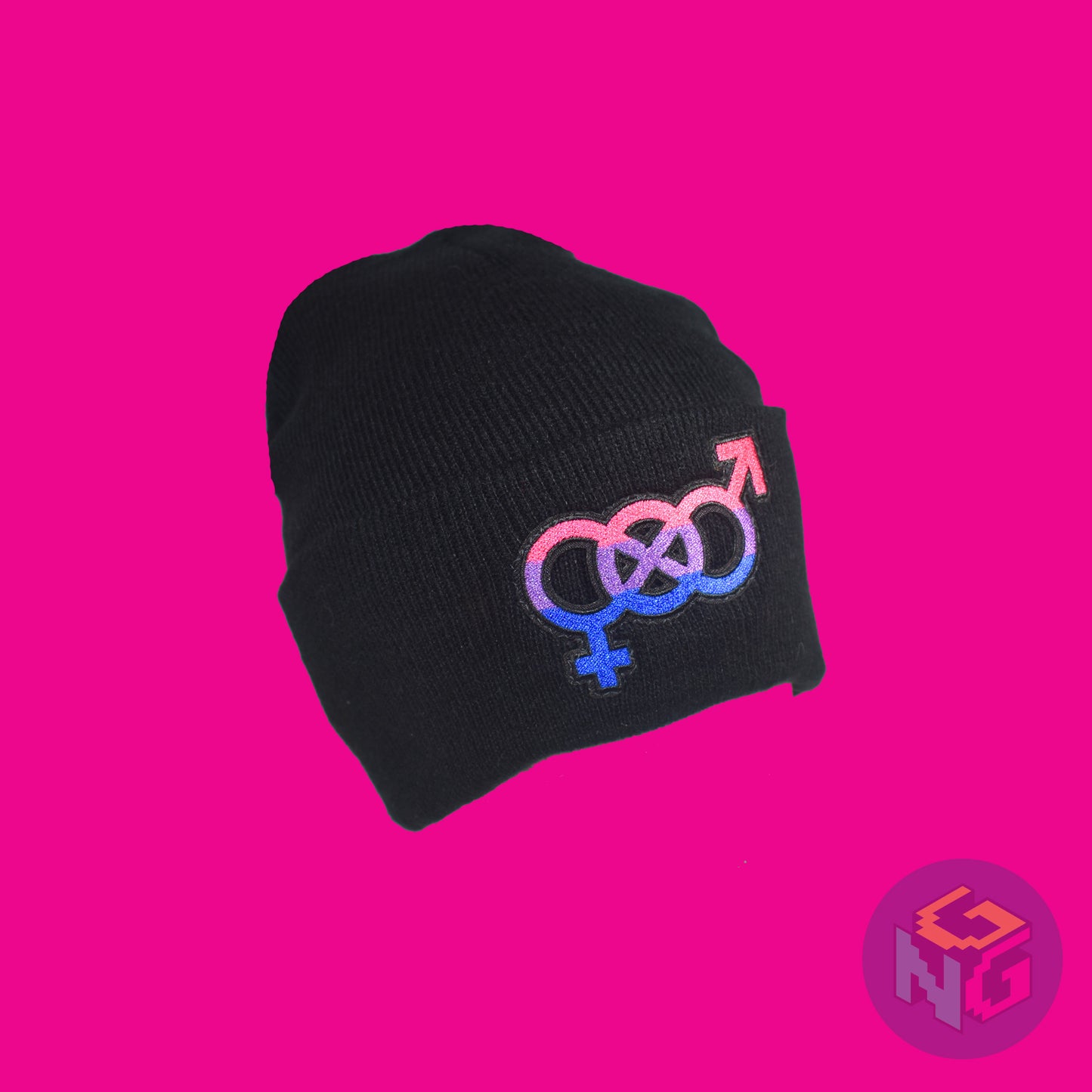 Black knit fabric beanie with the bisexual symbol in asexual pink, purple, and blue on the front. It is viewed from 3/4 and stretched on pink background