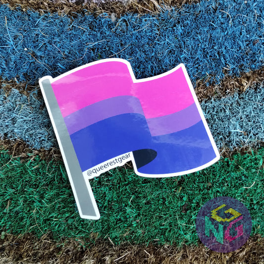 bisexual flag sticker lying flat on rainbow welcome mat