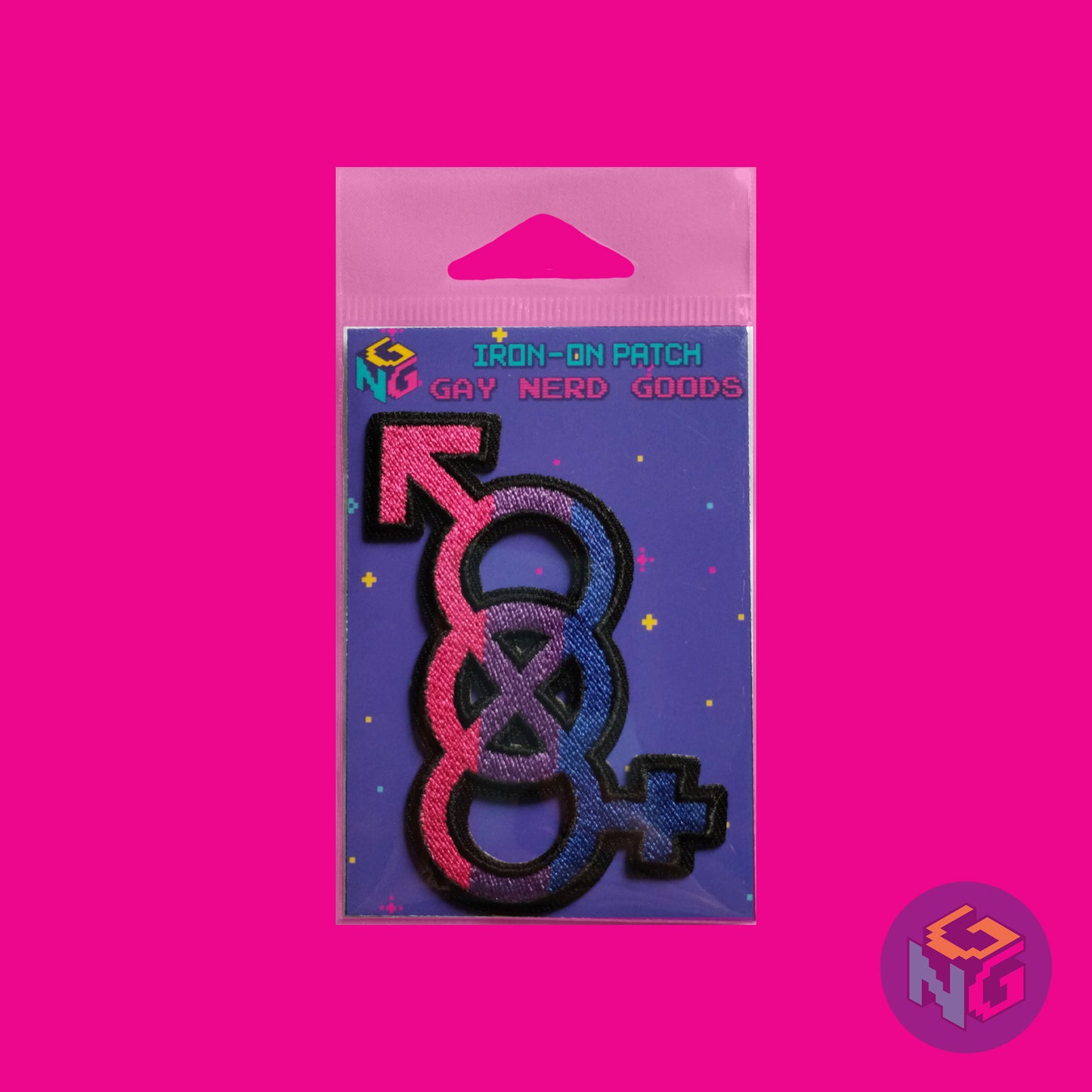 bisexual patch in its packaging on hot pink background