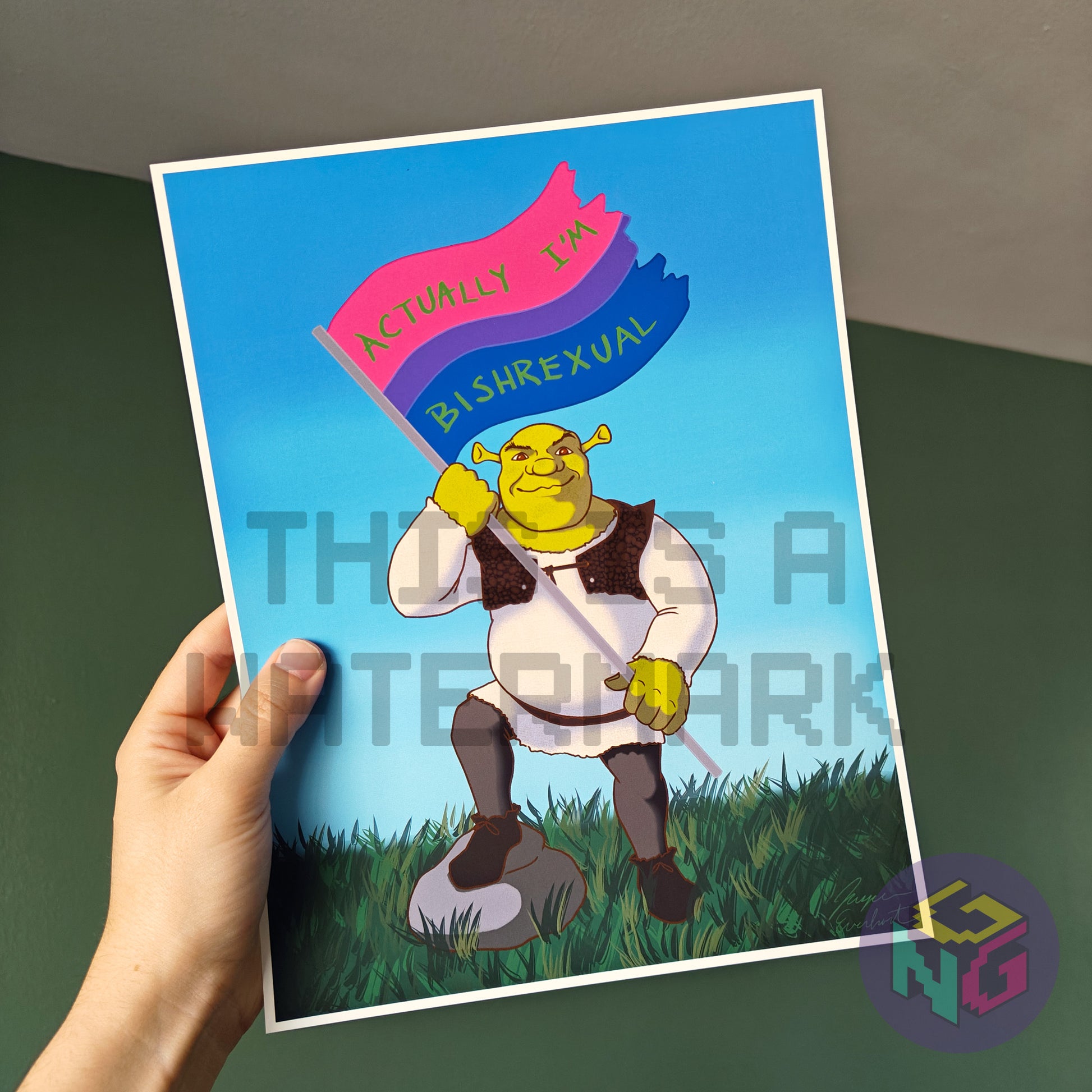 art print of shrek standing in his swamp flying a flag that says "actually I'm bishrexual"