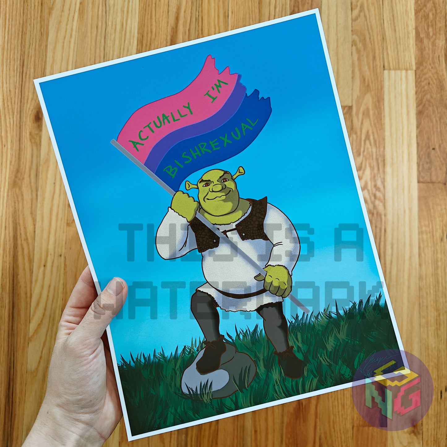 art print of shrek standing in his swamp flying a flag that says "actually I'm bishrexual" held in front of wood