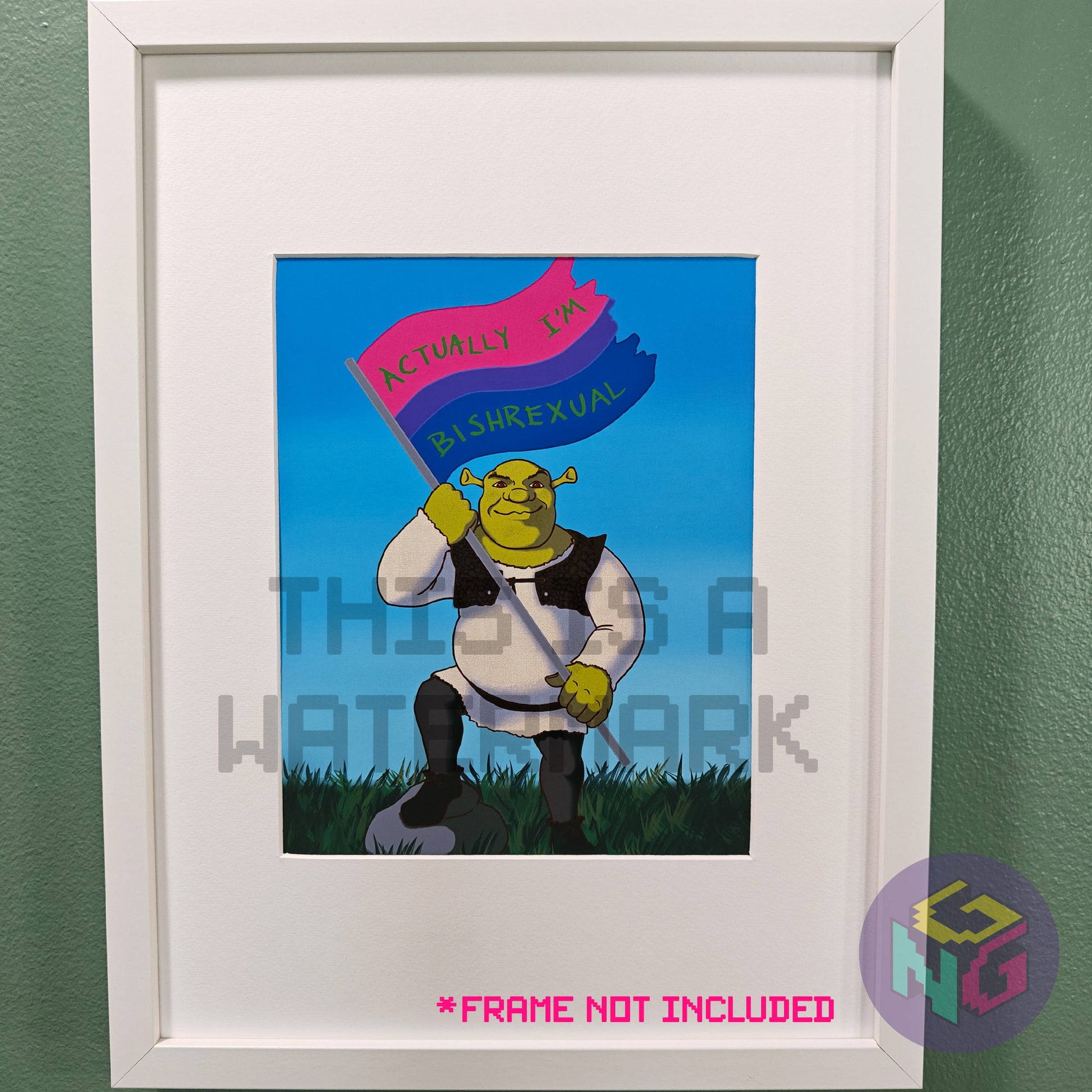 art print of shrek standing in his swamp flying a flag that says "actually I'm bishrexual" in white frame