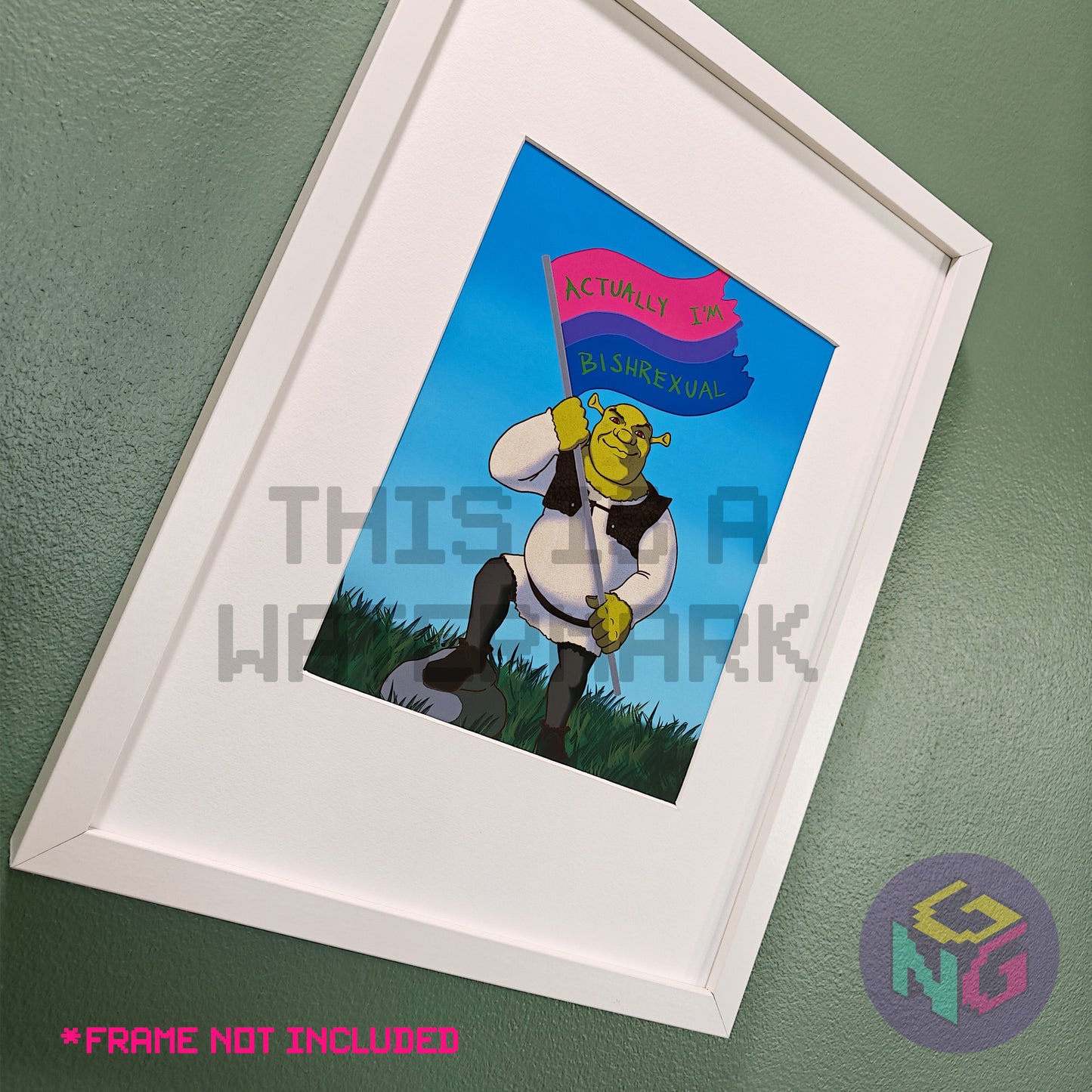 art print of shrek standing in his swamp flying a flag that says "actually I'm bishrexual" in white frame