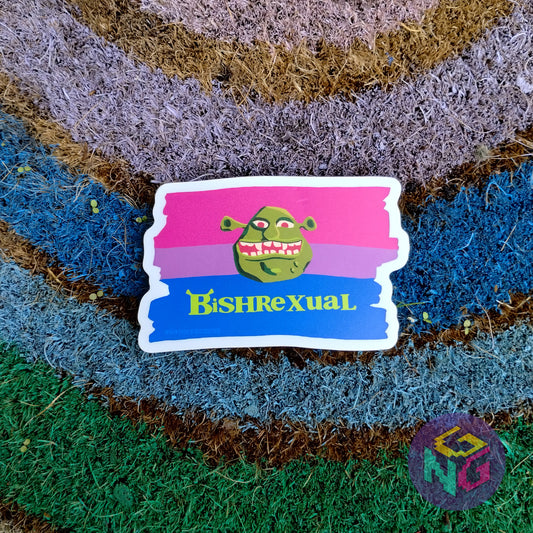 the bishrexual sticker lying flat on a rainbow welcome mat