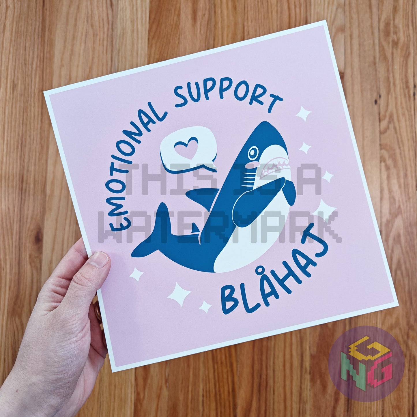 emotional support blahaj art print of the ikea shark in front of a wood background