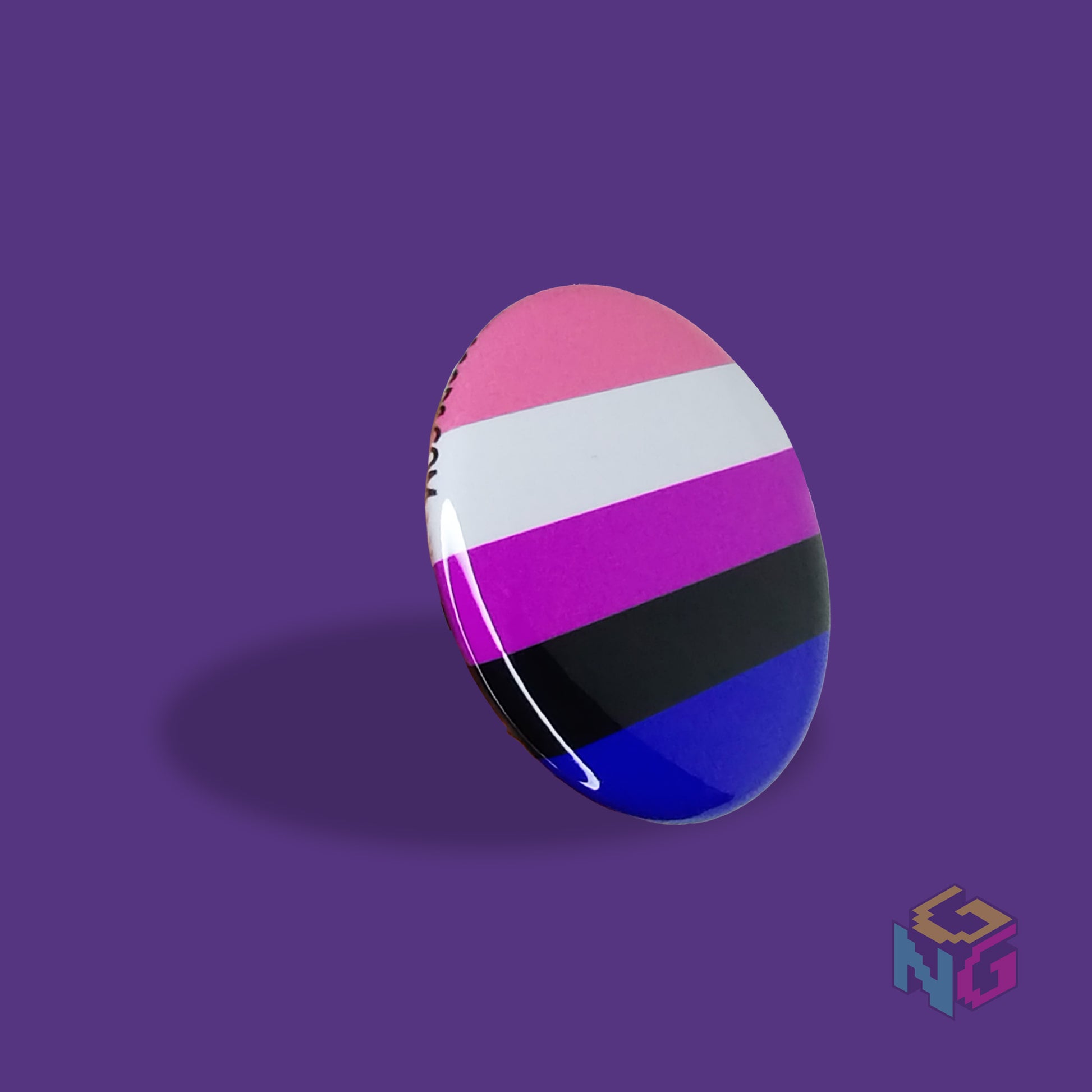 genderfluid pride button turned to the right in front of a purple background