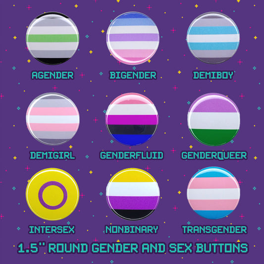 gender and sex flag pride buttons laid out in rows including agender, bigender, demiboy, demigirl, genderfluid, genderqueer, intersex, nonbinary, and transgender. They are all 1.5" round pinback buttons on a purple background with all of them labeled