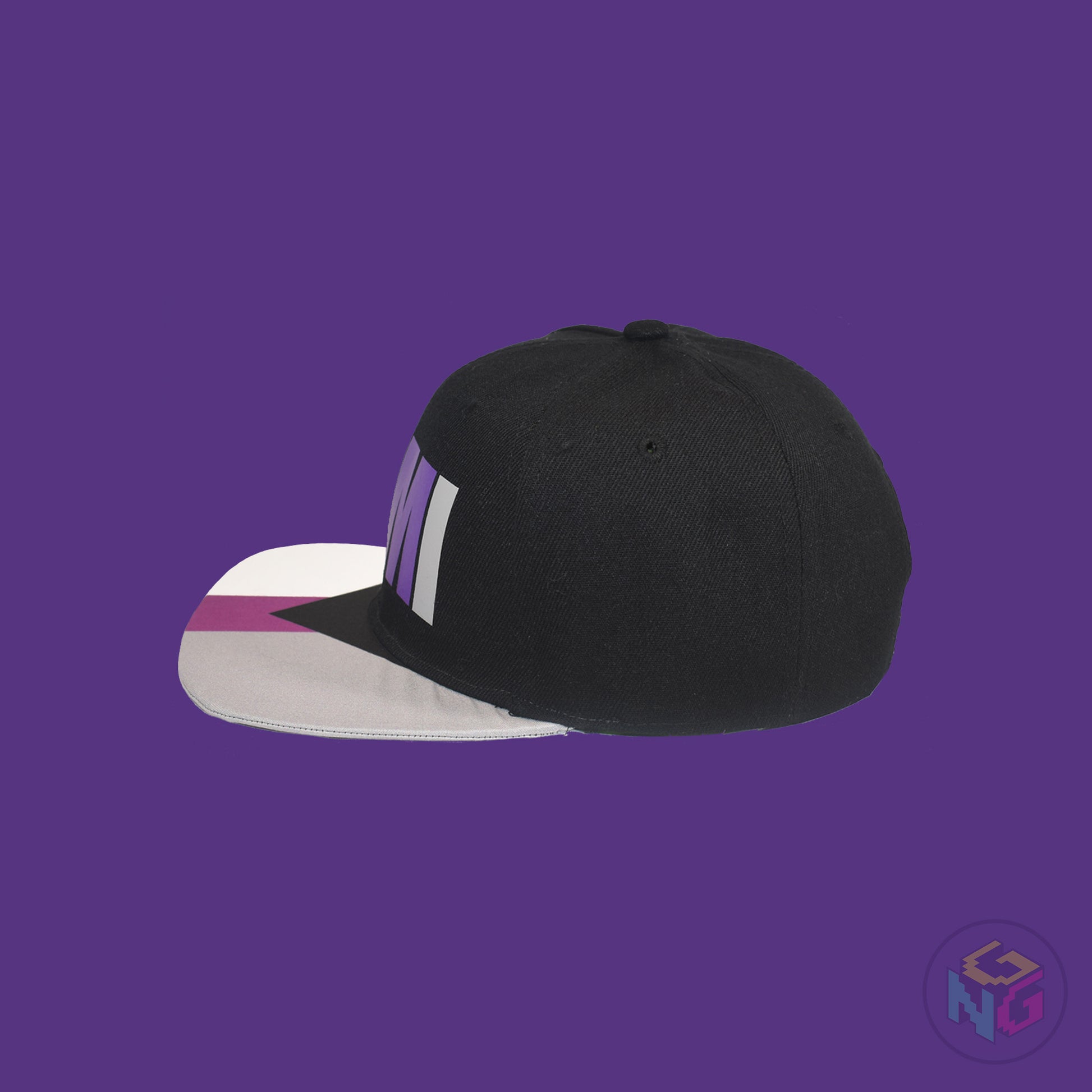 Black flat bill snapback hat. The brim has the demisexual pride flag on both sides and the front of the hat has the word “DEMI” in purple, white, and grey. Left view