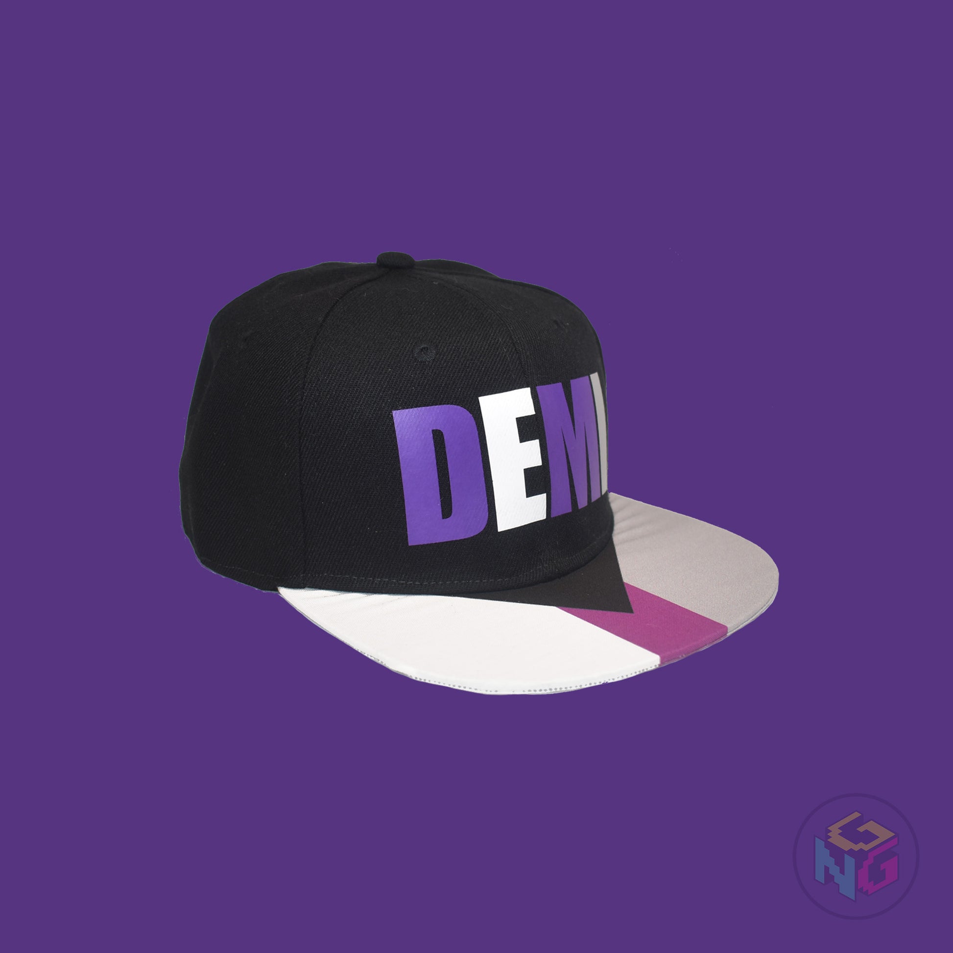 Black flat bill snapback hat. The brim has the demisexual pride flag on both sides and the front of the hat has the word “DEMI” in purple, white, and grey. Front right view