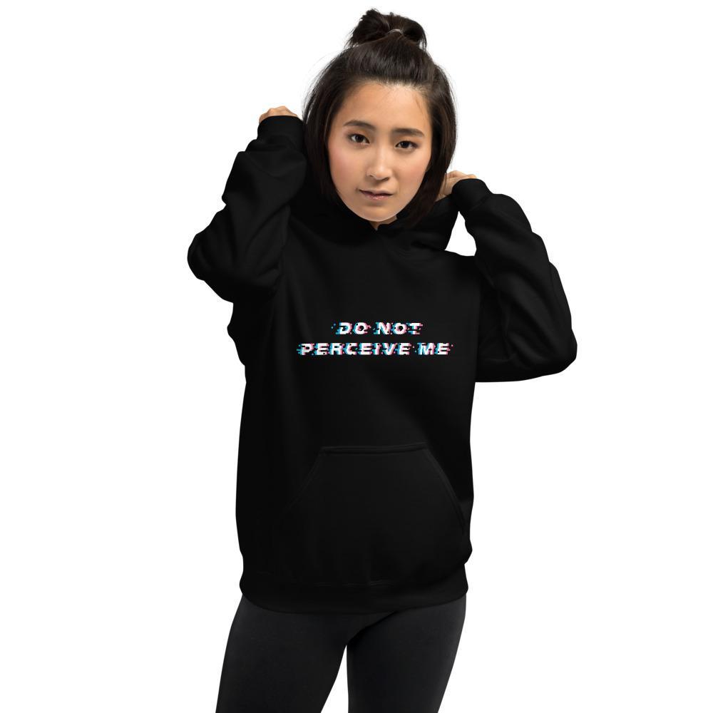 model lifting up hood of do not perceive me trans hoodie